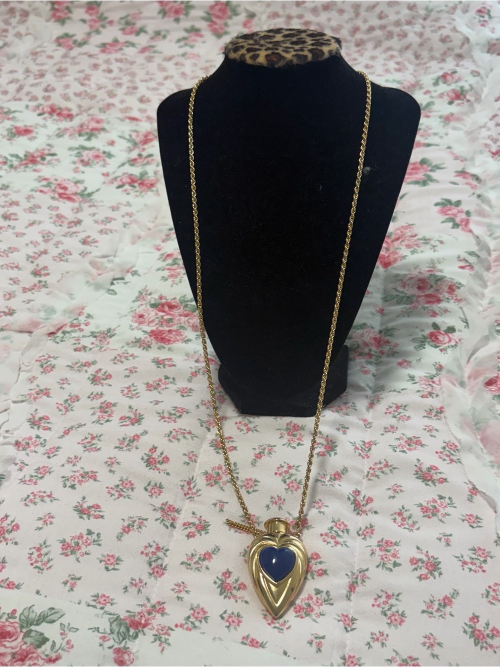Vintage Fabergé Heart Perfume Bottle Pendant Necklace - Gold & Blue
